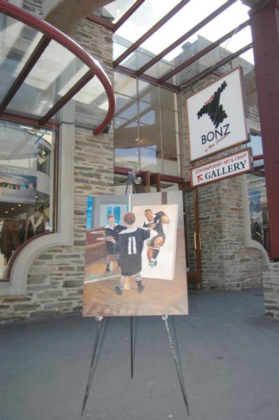 Self portrait - Young Boy as Jonah Lomu by Thomas Brown, pictured in front of BONZ Queenstown